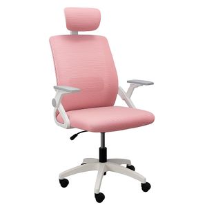 Silla ergonómica de oficina con cabecera, respaldo en malla regulable, reposabrazos 90° y altura ajustable, rosado