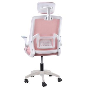 Silla ergonómica de oficina con cabecera, respaldo en malla regulable, reposabrazos 90° y altura ajustable, rosado