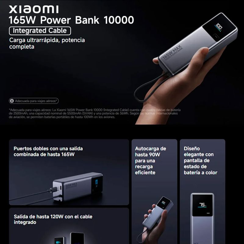 power bank xiaomi 165w 10000 carga rapida gris oscuro composicion multiples vistas