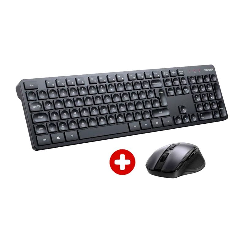 Combo inalámbrico Ugreen 2.4 GHz, teclado de 106 teclas y mouse óptico de 4000 DPI, color negro, vista frontal-oblicuo, sobre fondo blanco