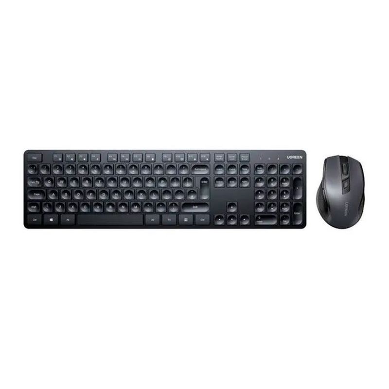 Combo inalámbrico Ugreen 2.4 GHz, teclado de 106 teclas y mouse óptico de 4000 DPI, color negro, vista superior, sobre fondo blanco