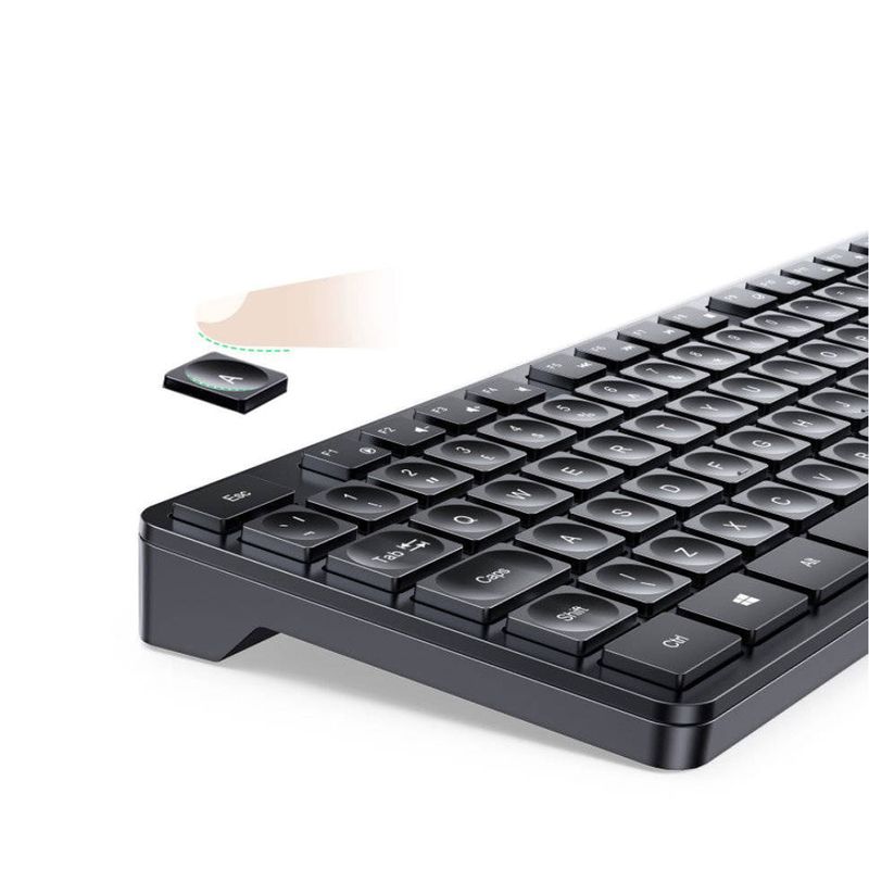 Teclado del combo inalámbrico Ugreen 2.4 GHz, teclado de 106 teclas con receptor USB, color negro, detalle frontal-oblicuo, sobre fondo blanco