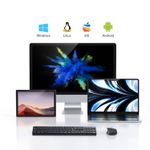 Combo inalámbrico Ugreen 2.4 GHz, teclado de 106 teclas y mouse óptico de 4000 DPI, color negro, vista compuesta, en gráfica demostrativa de compatibilidad con múltiples dispositivos sobre fondo blanco