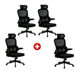 Combo: 4 Sillas Komsum Turin, ergonómicas de oficina, respaldo con almohadilla cervical 2D, PP + metal, 90kg, estilo ejecutivo, negro