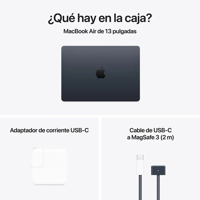 MacBook Air 13" Chip M4, CPU 10 núcleos, GPU de 8 núcleos, 256GB SSD, macOS, midnight, contenido de la caja