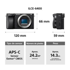 Cámara digital Mirrorless Sony Alpha ILCE-6400 24.2MP, grabación en 4K, sensor Exmor CMOS APS-C, lente 16-50 mm f/3.5-5.6 OSS
