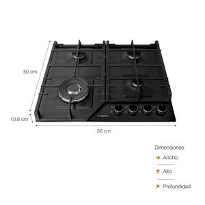 Encimera a gas S-Collection 58 cm, 4 quemadores SABAF, parrillas hierro fundido, encendido automático, vidrio templado, negro