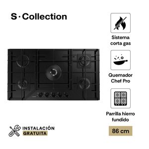 Encimera a gas S-Collection 86 cm, 5 quemadores SABAF, parrillas de hierro fundido, encendido automático, vidrio templado, negro
