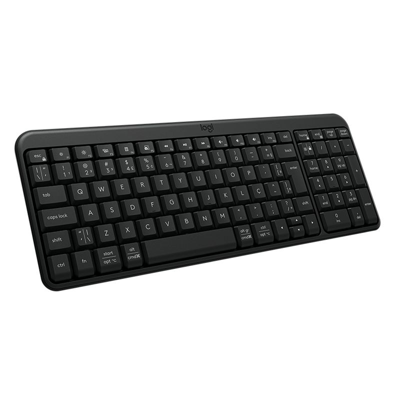 Teclado inalámbrico Logitech K250, teclas de membrana con conexión Bluetooth, color negro, vista frontal-oblicuo, sobre fondo blanco