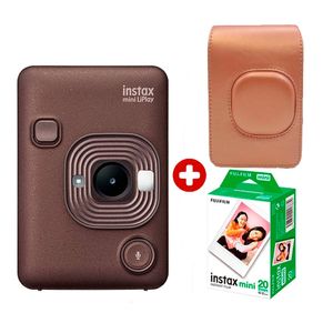 Combo: Cámara Fujifilm Instax Mini LiPlay Bronze híbrida + pack de 20 películas instantáneas + estuche