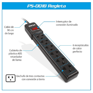 Supresor de picos Forza FPS-001B con 6 tomas, cable de 90 cm y enchufe con conexión a tierra negro