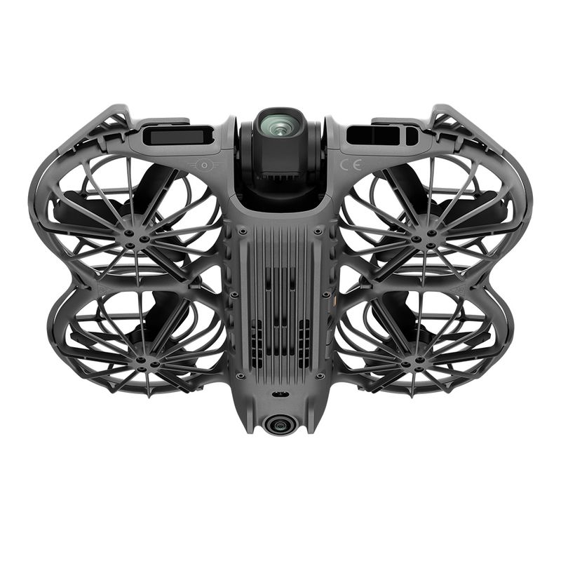 Drone DJI Neo 2 Fly More Combo gris con cámara de 12MP, grabación 4K y diseño con protectores de hélices reforzados vista cenital fondo blanco