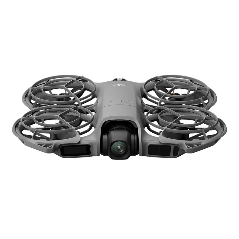 Drone DJI Neo 2 Fly More Combo gris con cámara de 12MP, grabación 4K y kit con control remoto que incluye tres baterías inteligentes y accesorios de repuesto vista frontal en ángulo fondo blanco
