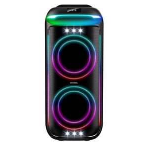Parlante de torre bluetooth Decibel PartyLights Pro 160W potencia, altavoces, protección IPX4, luces led, radio FM, USB, control remoto (reempacado)