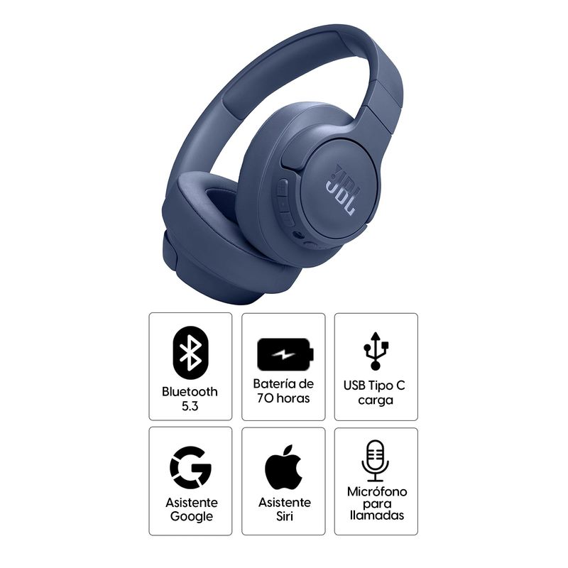 Audífonos JBL T770 cancelación de ruido 70h azul, especificaciones