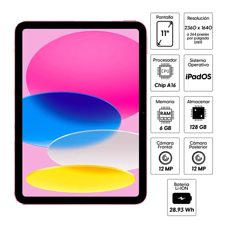 Tablet Apple iPad de 11.ª generación con ficha técnica que destaca pantalla Liquid Retina, chip A16 Bionic, 128GB de almacenamiento y cámaras de 12MP color pink, especificaciones fondo blanco