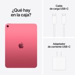 Contenido del empaque del iPad de 11.ª generación en color pink que incluye la tablet, adaptador de corriente USB-C y cable de carga USB-C, mostrado en vista posterior con infografía de accesorios fondo blanco