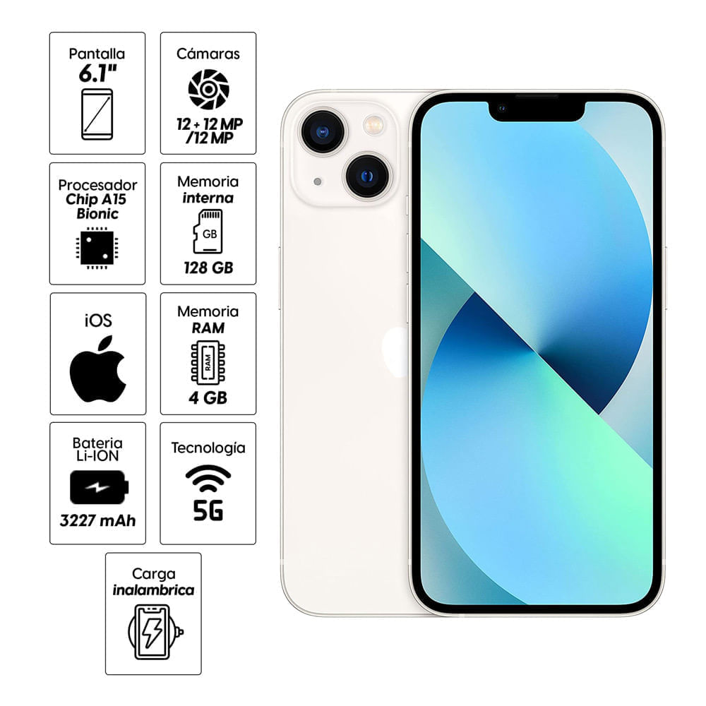 iPhone 13, 128GB, 4GB RAM, 12MP+12MP/12MP frontal, blanco - Coolbox