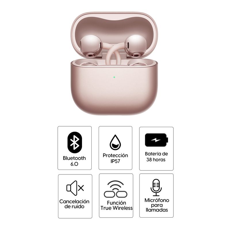 Audífonos bluetooth True Wireless Huawei FreeClip 2 cancelación de ruido oro rosa vista frontal características destacadas
