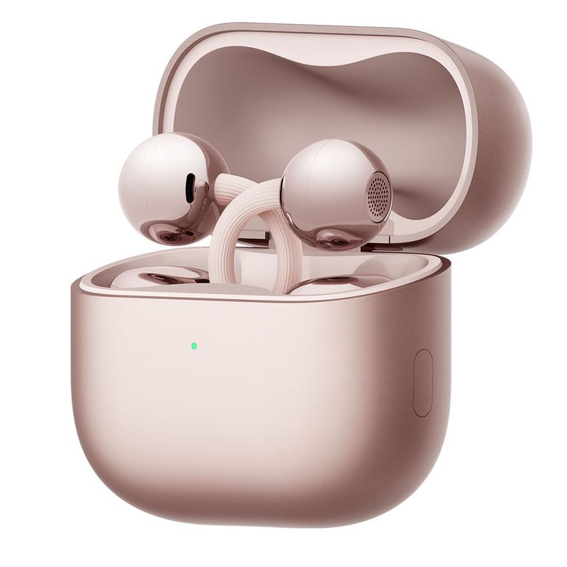 Audífonos bluetooth True Wireless Huawei FreeClip 2 cancelación de ruido oro rosa vista perspectiva estuche de carga abierto con audífonos