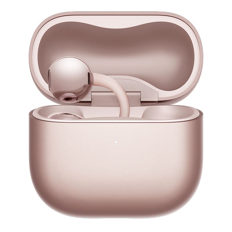 Audífonos bluetooth True Wireless Huawei FreeClip 2 cancelación de ruido oro rosa vista frontal estuche de carga abierto