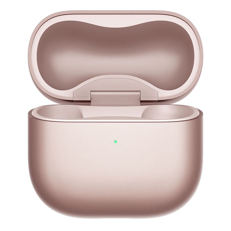 Audífonos bluetooth True Wireless Huawei FreeClip 2 cancelación de ruido oro rosa vista frontal estuche de carga abierto sin audífonos