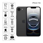 Celular Apple iPhone 16e 6.1 pulgadas negro vista frontal ficha técnica en pantalla