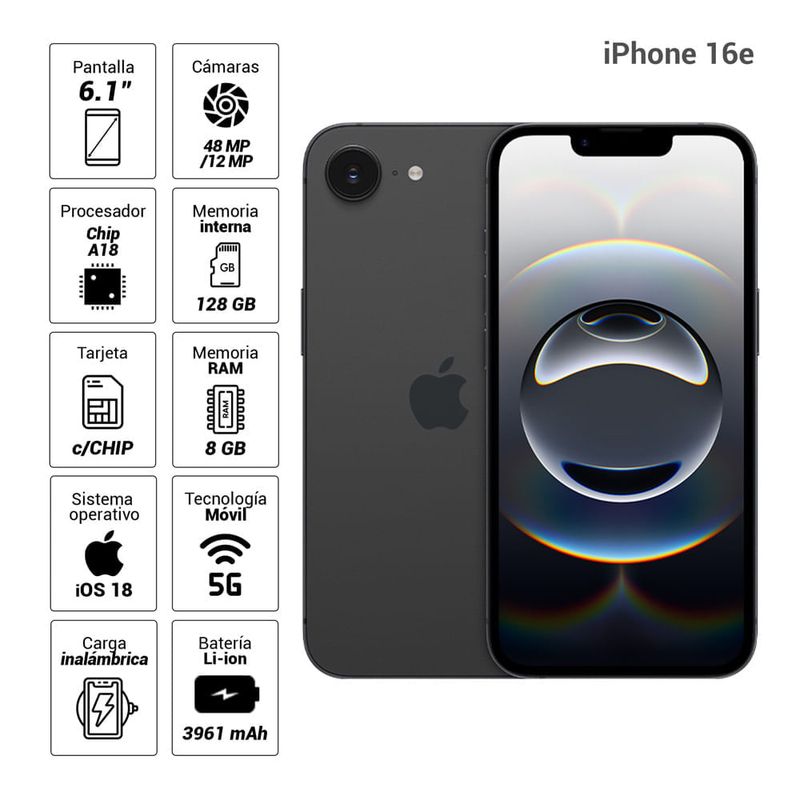 Celular Apple iPhone 16e 6.1 pulgadas negro vista frontal ficha técnica en pantalla