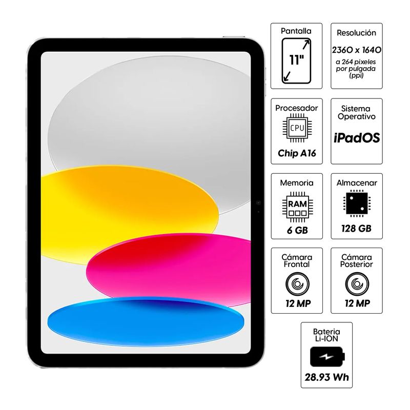 Tablet Apple iPad de 11.ª generación con ficha técnica que destaca pantalla Liquid Retina, chip A16 Bionic, 128GB de almacenamiento y cámaras de 12MP color silver, especificaciones fondo blanco