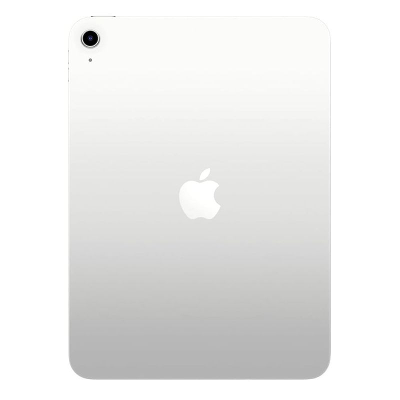 Detalle posterior de la Tablet Apple iPad de 11.ª generación con acabado en aluminio, logo de Apple y cámara de 12MP color silver, mostrado en vista posterior fondo blanco