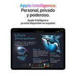 Interfaz de Apple Intelligence en el iPad Air de 11 pulgadas (M3) destacando funciones de inteligencia personal, privada y poderosa, mostrado en vista frontal con infografía sobre su disponibilidad en español fondo blanco