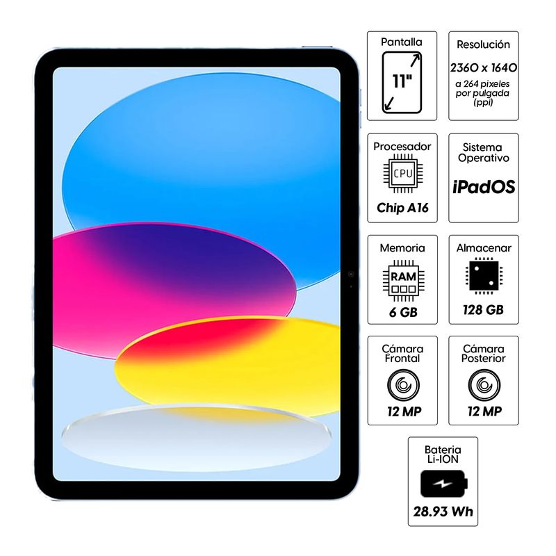 Tablet Apple iPad de 11.ª generación con ficha técnica que destaca pantalla Liquid Retina, chip A16 Bionic, 256GB de almacenamiento y cámaras de 12MP color silver, especificaciones fondo blanco
