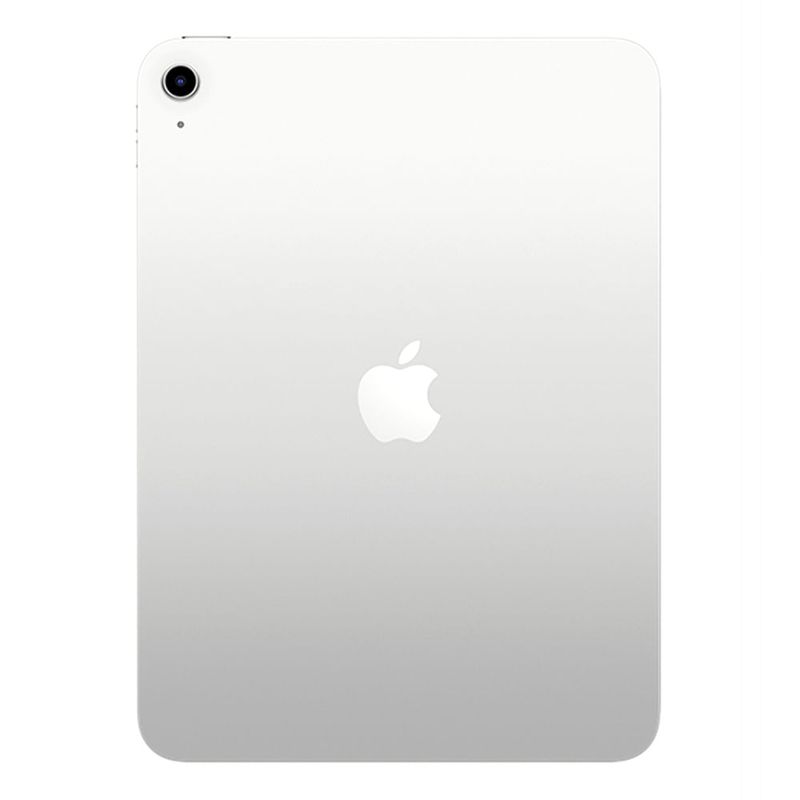 Detalle posterior de la Tablet Apple iPad de 11.ª generación con acabado en aluminio, logo de Apple y cámara de 12MP color silver, mostrado en vista posterior fondo blanco