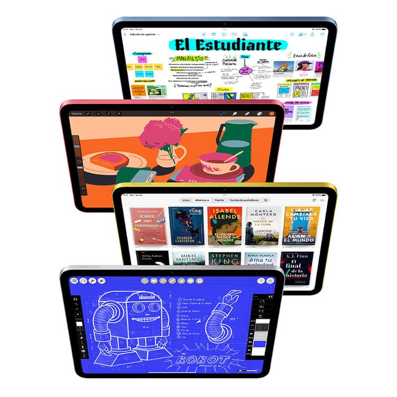 Versatilidad de uso del iPad de 11.ª generación en color silver para aplicaciones de diseño, estudio y entretenimiento, mostrado en composición de múltiples dispositivos en vista frontal fondo blanco
