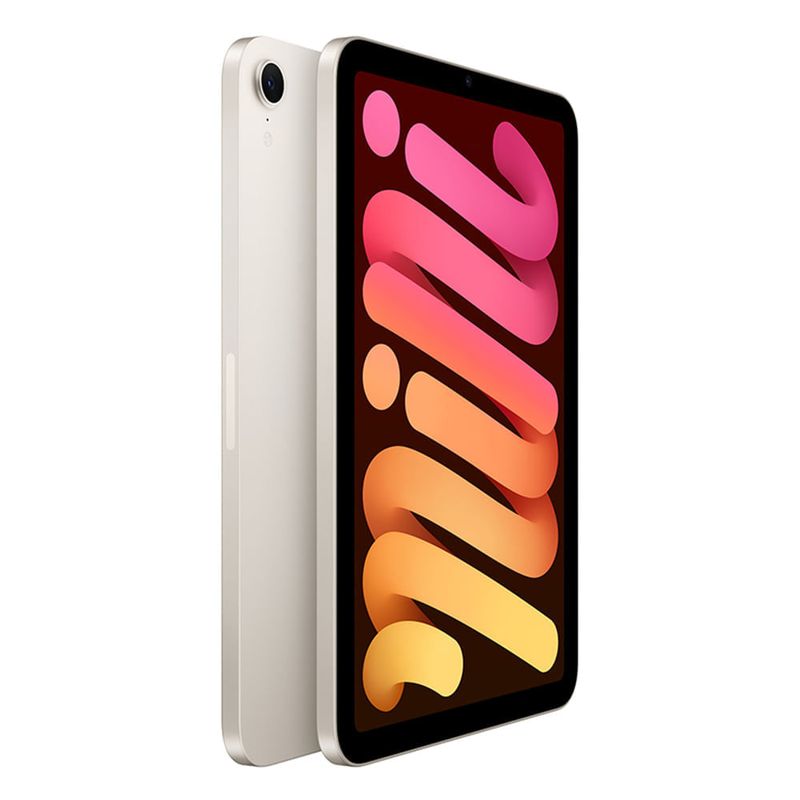 iPad Mini (7ma Gen) 8.3" 128GB, cámara principal 12MP y frontal 12MP, 19.3 Wh, Chip A17 Pro, starlight, frontal y dorsal oblicuo