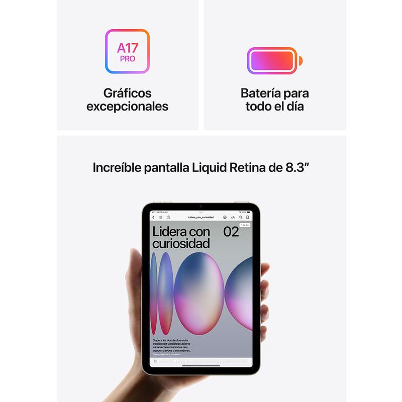 iPad Mini (7ma Gen) 8.3" 128GB, cámara principal 12MP y frontal 12MP, 19.3 Wh, Chip A17 Pro, starlight, especificaciones