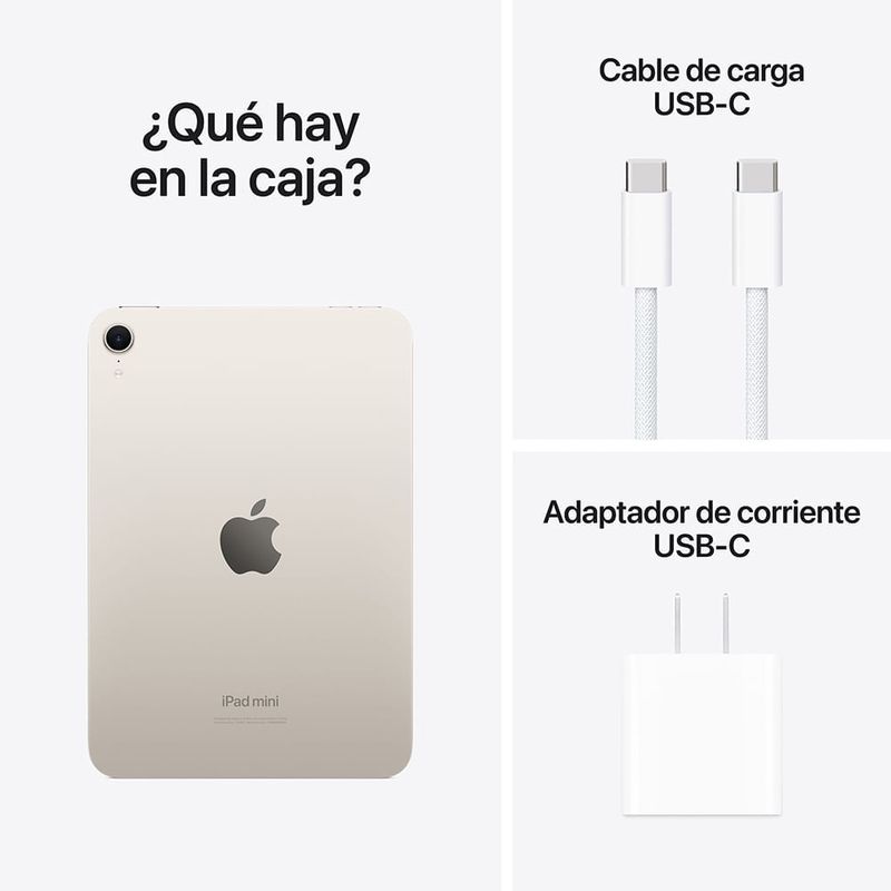 iPad Mini (7ma Gen) 8.3" 128GB, cámara principal 12MP y frontal 12MP, 19.3 Wh, Chip A17 Pro, starlight, contenido de la caja