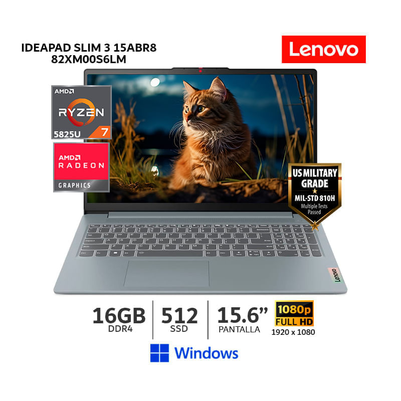 Laptop Lenovo pantalla 15.6" FHD Ryzen 7 16GB 512GB Windows 11 gris, especificaciones