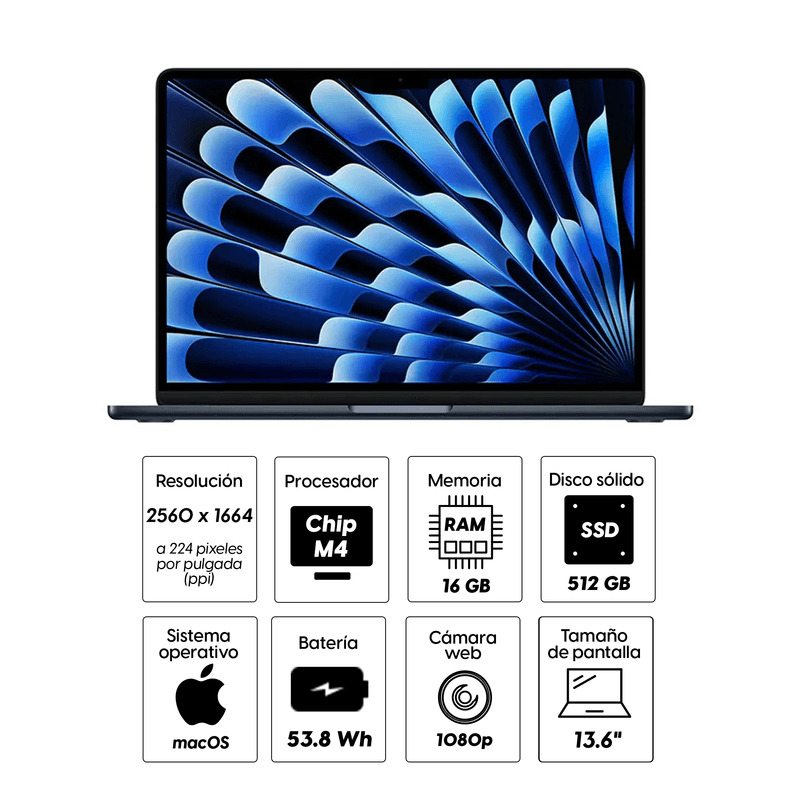 MacBook Air 13" Chip M4, CPU 10 núcleos, GPU de 10 núcleos, 512GB SSD, 16GB RAM, macOS, midnight, especificaciones