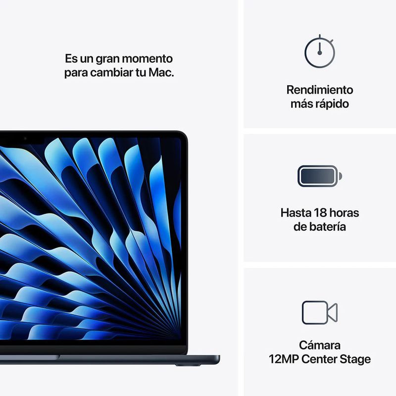 MacBook Air 13" Chip M4, CPU 10 núcleos, GPU de 10 núcleos, 512GB SSD, 16GB RAM, macOS, midnight, especificaciones