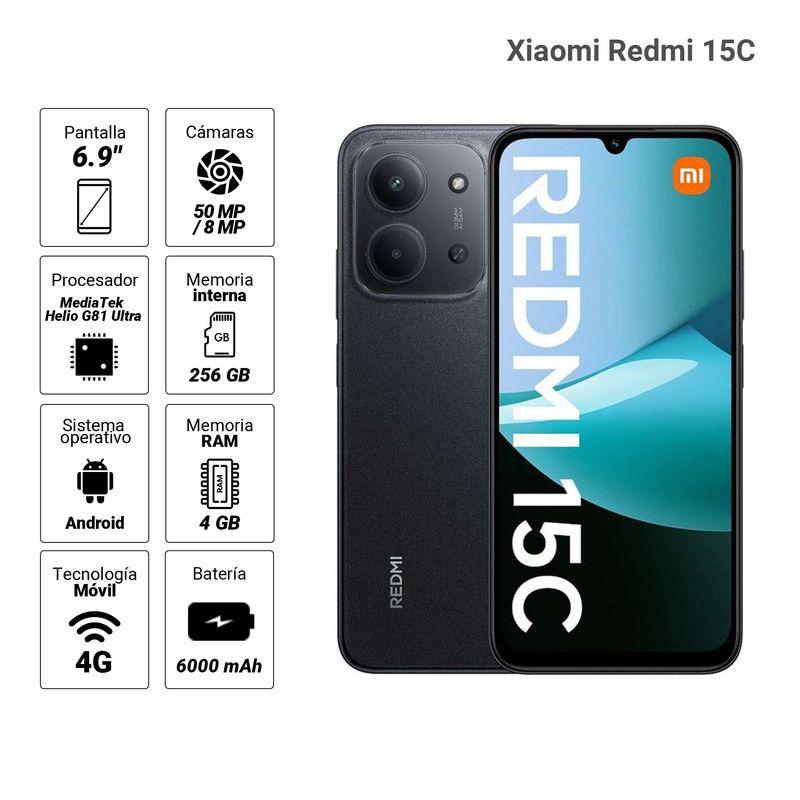 Smartphone Xiaomi Redmi 15C 128GB 4GB RAM cámara principal 50MP negro frontal y posterior con especificaciones fondo blanco