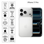 iPhone 17 Pro eSIM 5G 256GB, 12GB, cámara trasera 48MP y frontal 18MP, silver, especificaciones