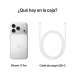 iPhone 17 Pro eSIM 5G 256GB, 12GB, cámara trasera 48MP y frontal 18MP, silver, contenido de la caja