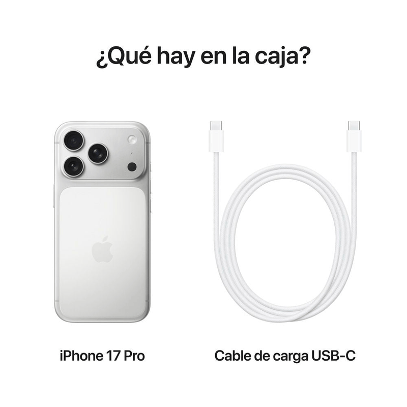 iPhone 17 Pro eSIM 5G 256GB, 12GB, cámara trasera 48MP y frontal 18MP, silver, contenido de la caja
