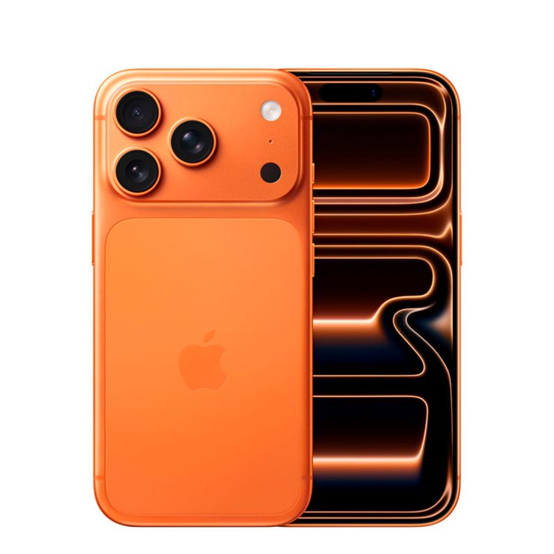 iPhone 17 Pro 5G 256GB, 12GB RAM, cámara trasera 48MP y frontal 18MP, naranja, dorsal y frontal
