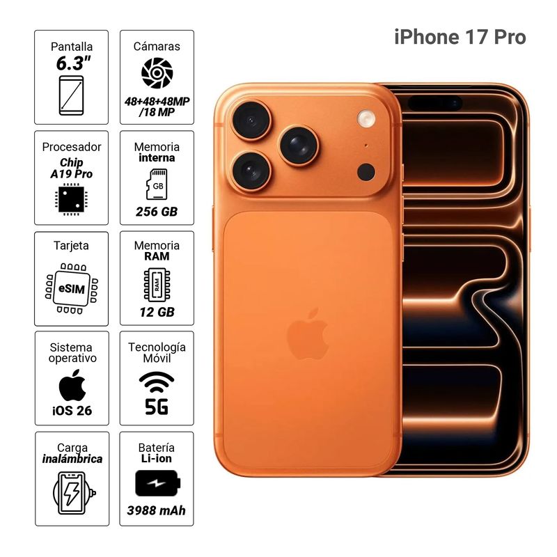 iPhone 17 Pro 5G 256GB, 12GB RAM, cámara trasera 48MP y frontal 18MP, naranja, especificaciones