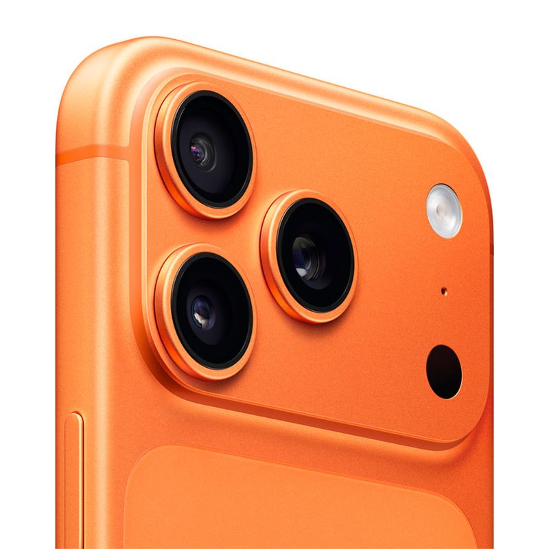 iPhone 17 Pro 5G 256GB, 12GB RAM, cámara trasera 48MP y frontal 18MP, naranja, dorsal oblicuo primer plano
