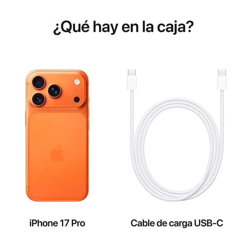 iPhone 17 Pro 5G 256GB, 12GB RAM, cámara trasera 48MP y frontal 18MP, naranja, dorsal con cable de carga