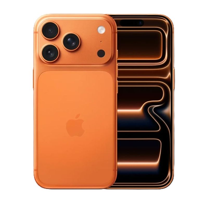 Celular Apple iPhone 17 Pro Max Cosmic Orange vista frontal y trasera