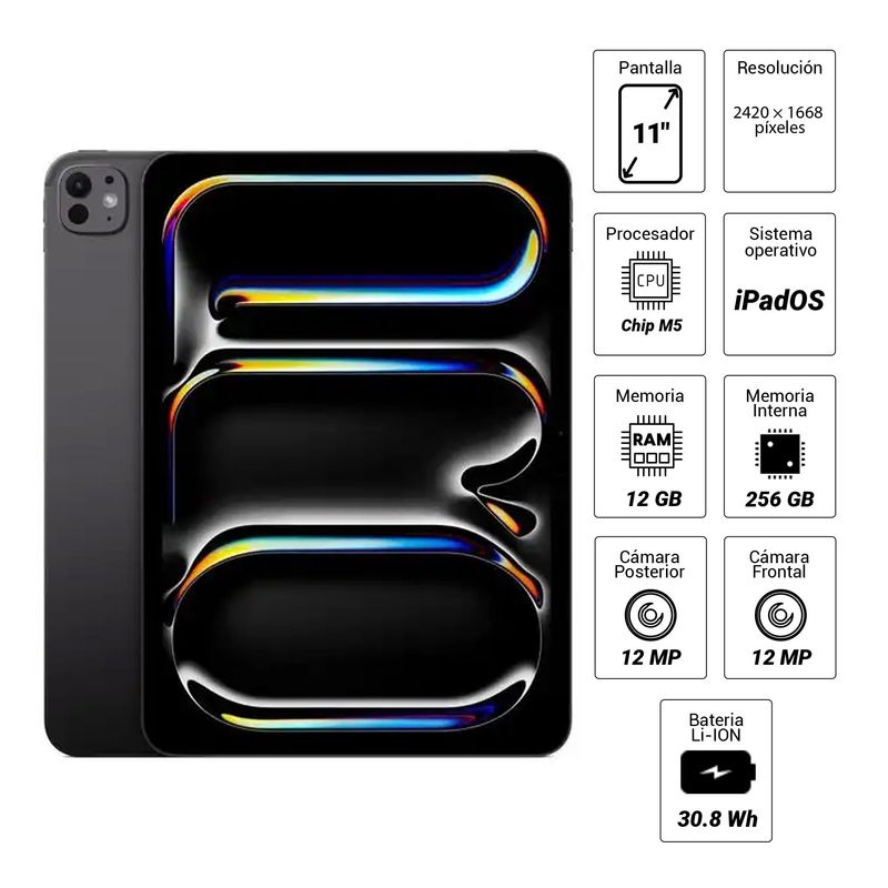 iPad Pro 11" 256GB, 12GB RAM, cámara principal 12MP y frontal 12MP, 8160 mAh, Chip M5, space black, especificaciones